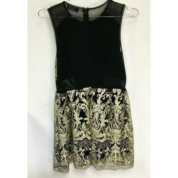 ASTR Womens Black Gold Lace Mesh Sleeveless Embroidered Mini Dress Large - Picture 2 of 12